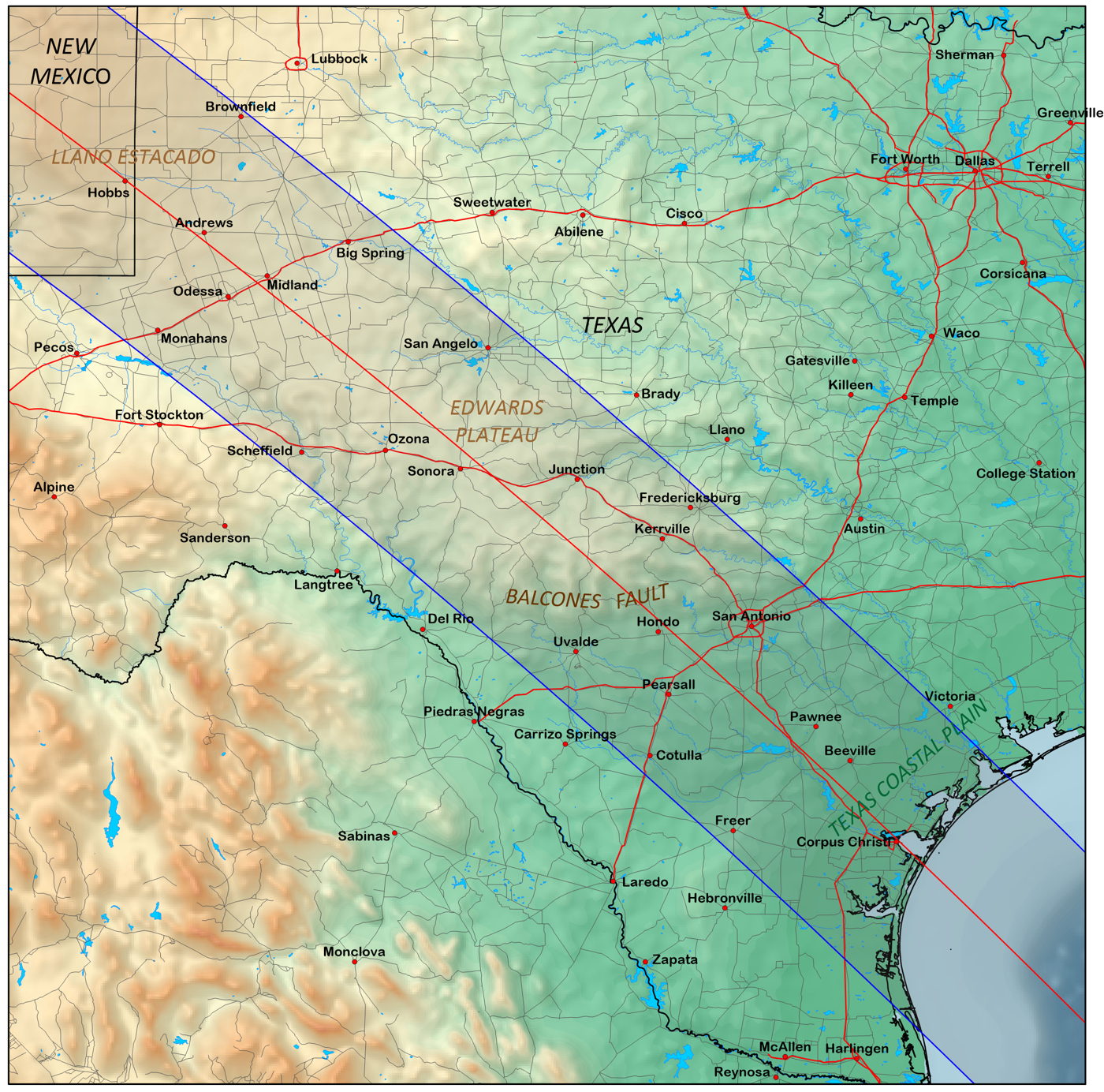 Topographical Map of Eclipse Path Through Texas