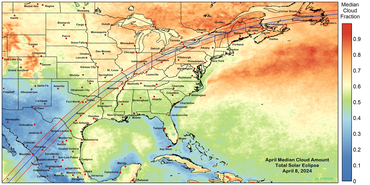 Map showing the probability of clouds along the eclipse track
