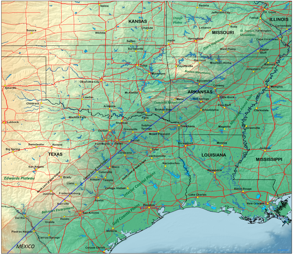 Солнечное затмение 8 апреля 2024 года. Арканзас на карте. Техас 2024. Route of Eclipse from Texas to.