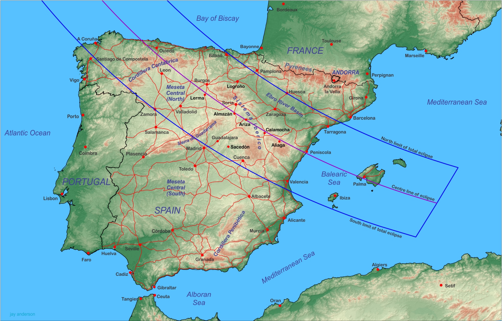 Mapa del Eclipse Total en España
